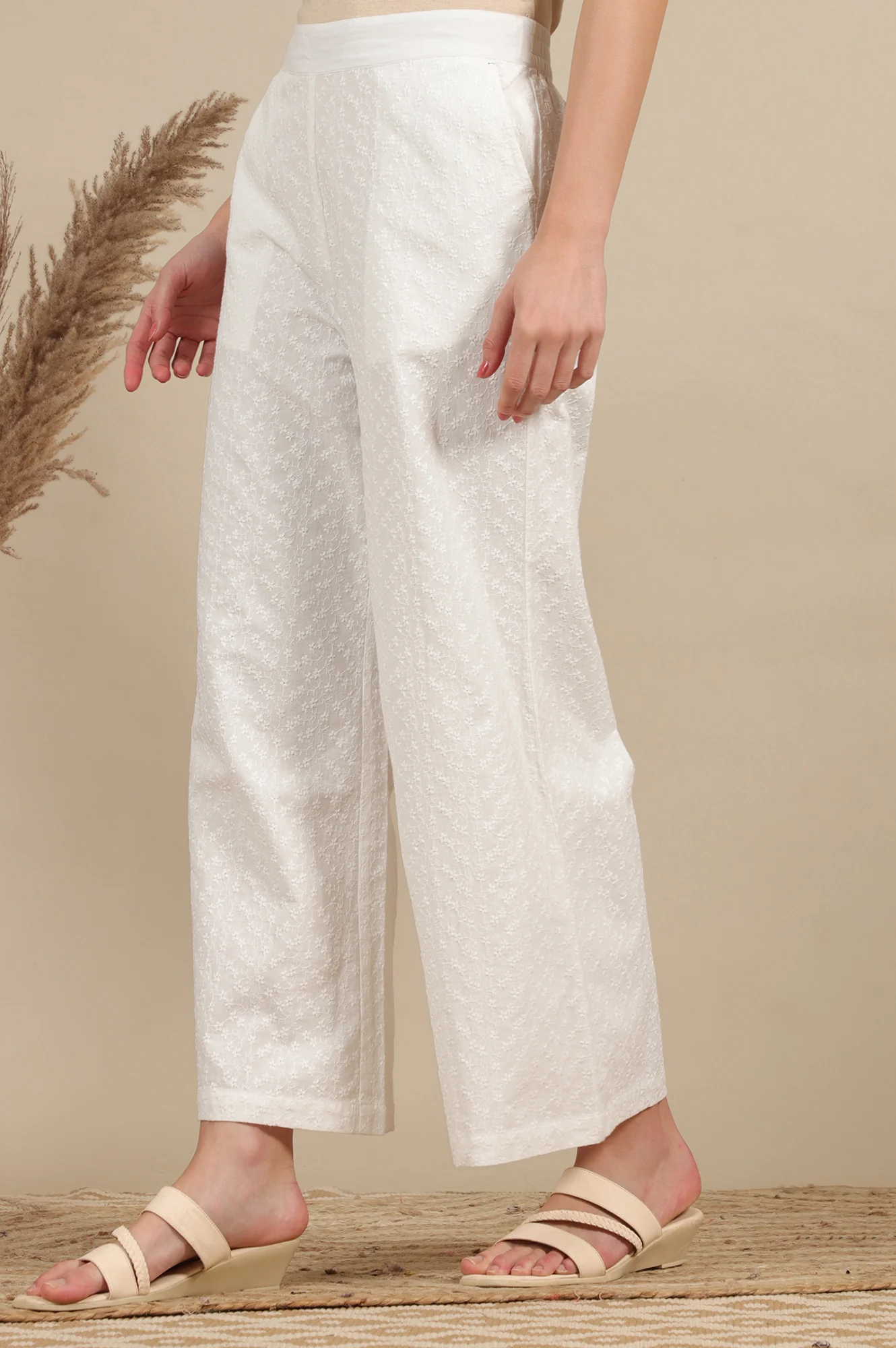 White Schiffli Embroidered Pure Cotton Flared Palazzo Pants - Image 2