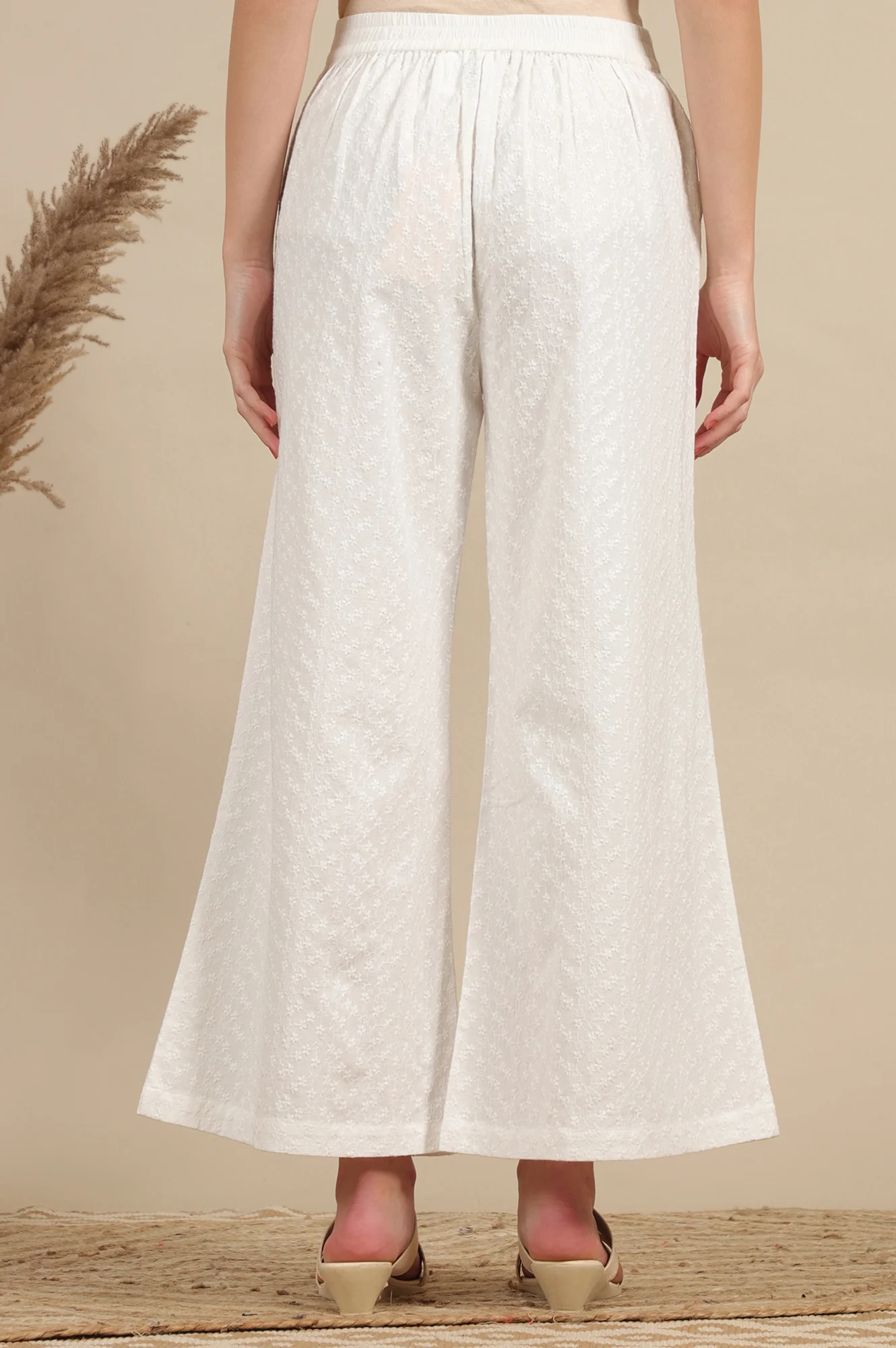 White Schiffli Embroidered Pure Cotton Flared Palazzo Pants - Image 3