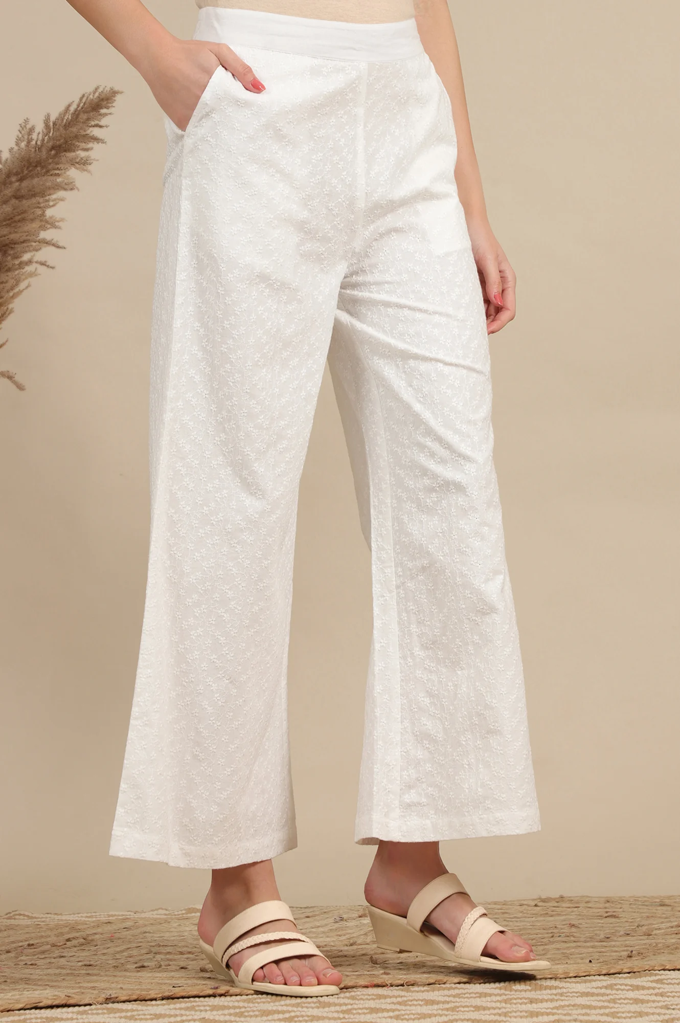 White Schiffli Embroidered Pure Cotton Flared Palazzo Pants - Image 4