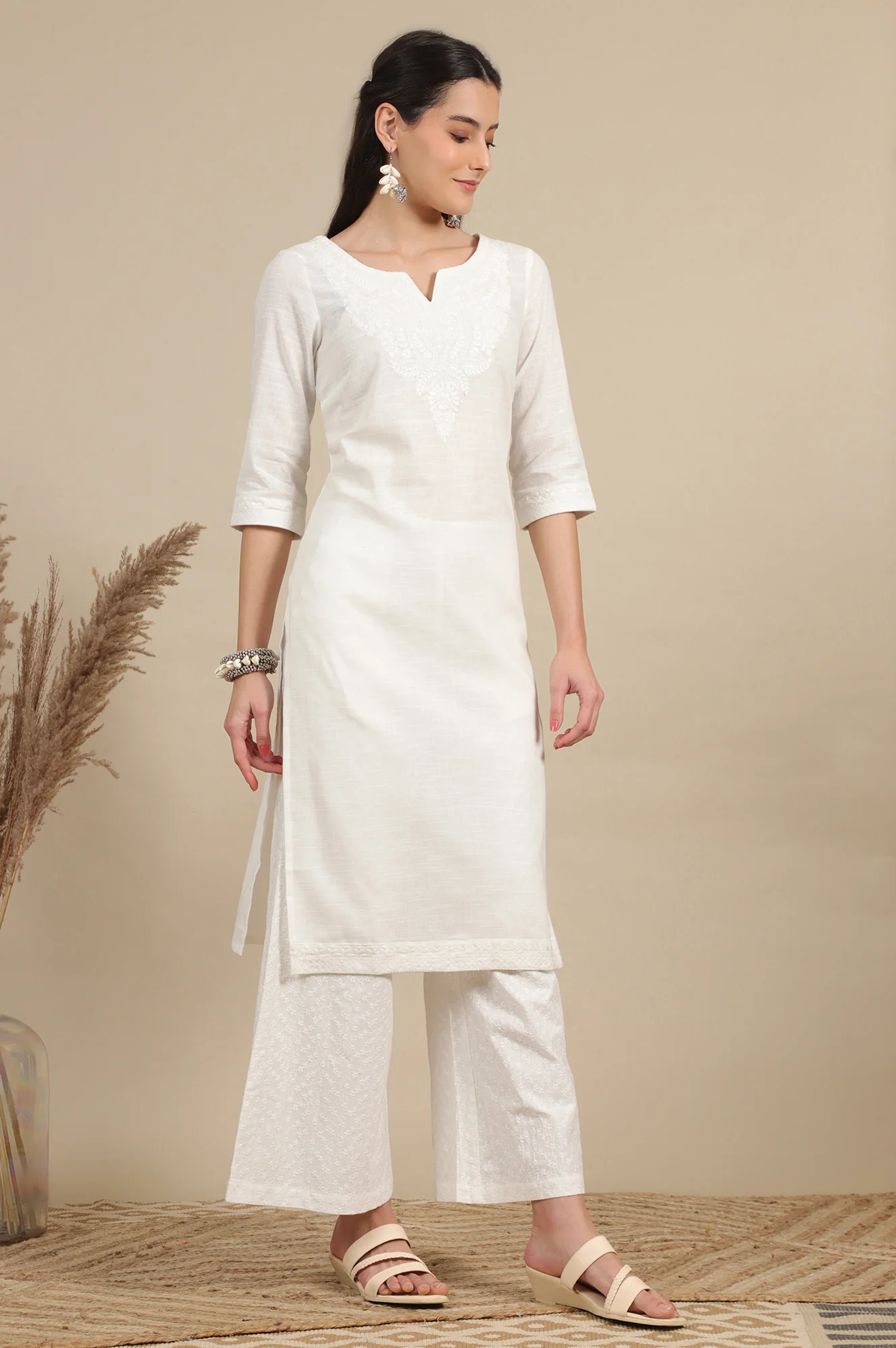 White Schiffli Embroidered Pure Cotton Flared Palazzo Pants - Image 5