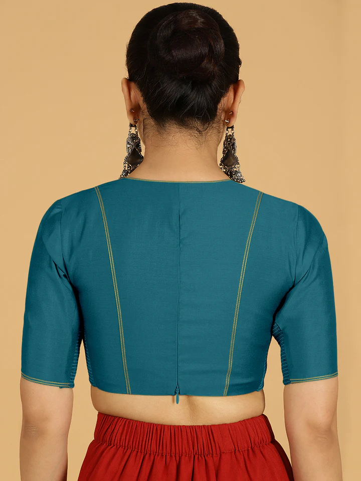 Erum x Rozaana | Elbow Sleeves Saree Blouse in Crystal Teal - Image 3
