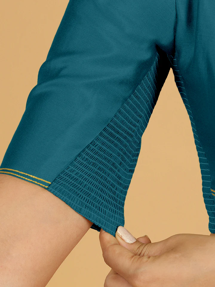 Erum x Rozaana | Elbow Sleeves Saree Blouse in Crystal Teal - Image 5