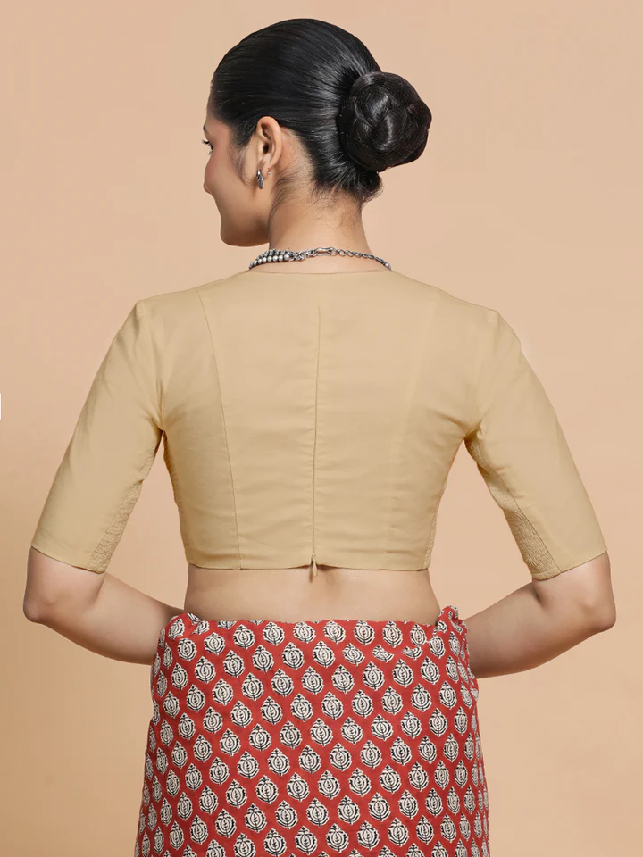 Malika x Rozaana | Deep Neck Saree Blouse in Ecru Beige Linen - Image 2