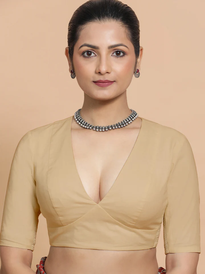 Malika x Rozaana | Deep Neck Saree Blouse in Ecru Beige Linen - Image 6