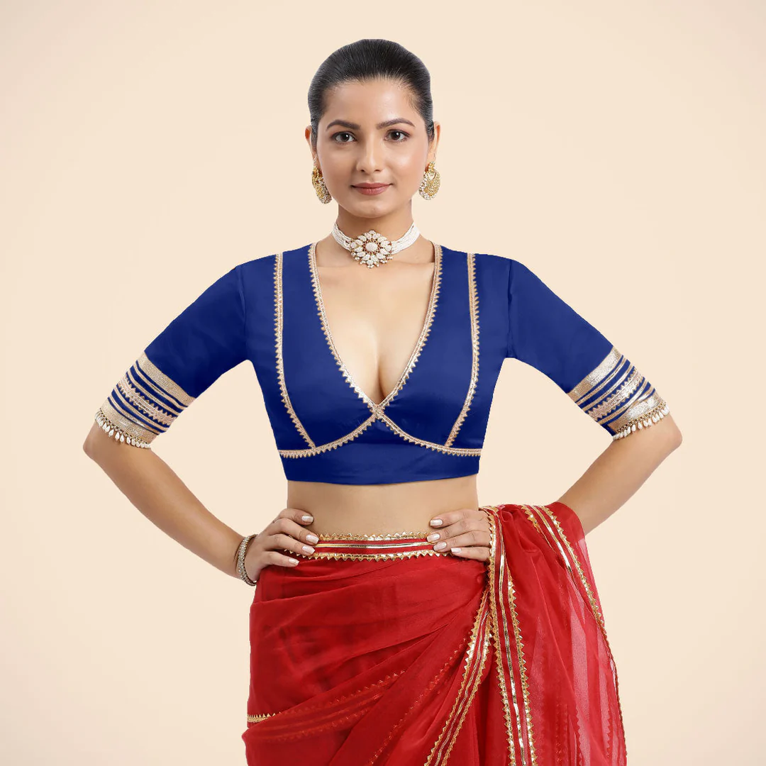 Cobalt Blue Embellished Elbow Sleeves Saree Blouse with Plunging V Neckline with Tasteful Royal Blue Gota Lace - Image 8