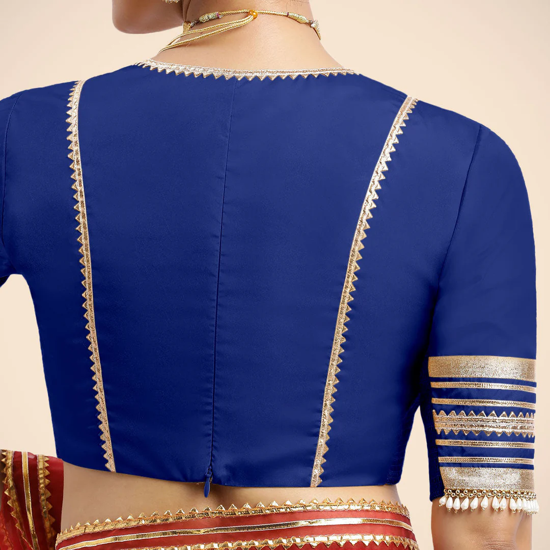Cobalt Blue Embellished Elbow Sleeves Saree Blouse with Plunging V Neckline with Tasteful Royal Blue Gota Lace - Image 2