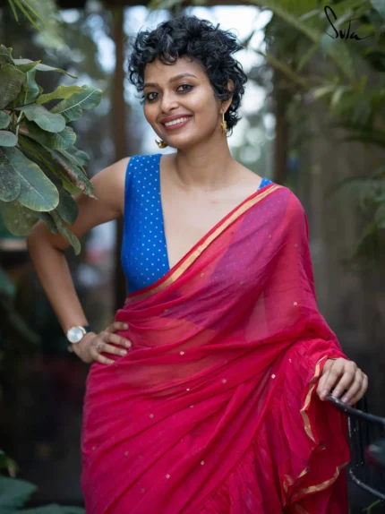 Blue Silk Sleeveless V Neck Benarasi Blouse