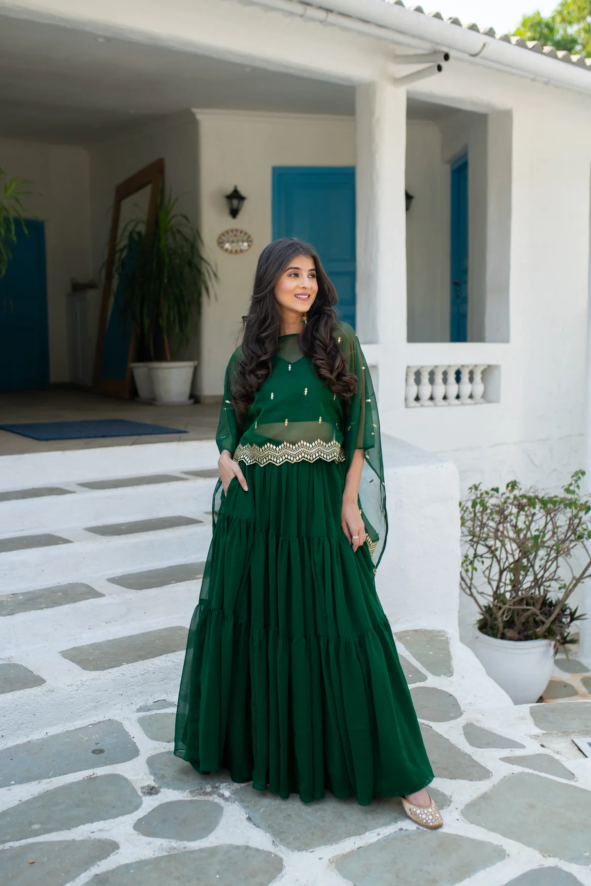 Bottle Green Cape Lehenga Choli - Image 2