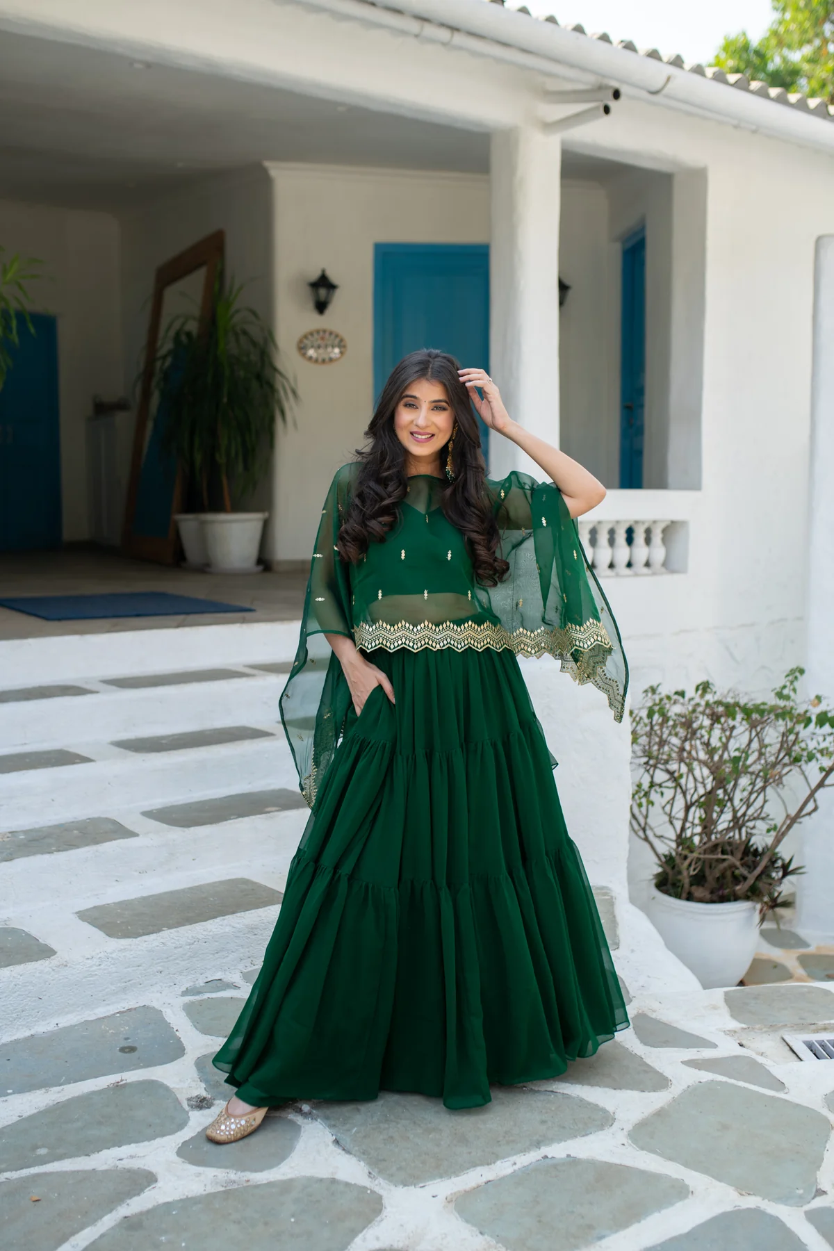 Bottle Green Cape Lehenga Choli - Image 3