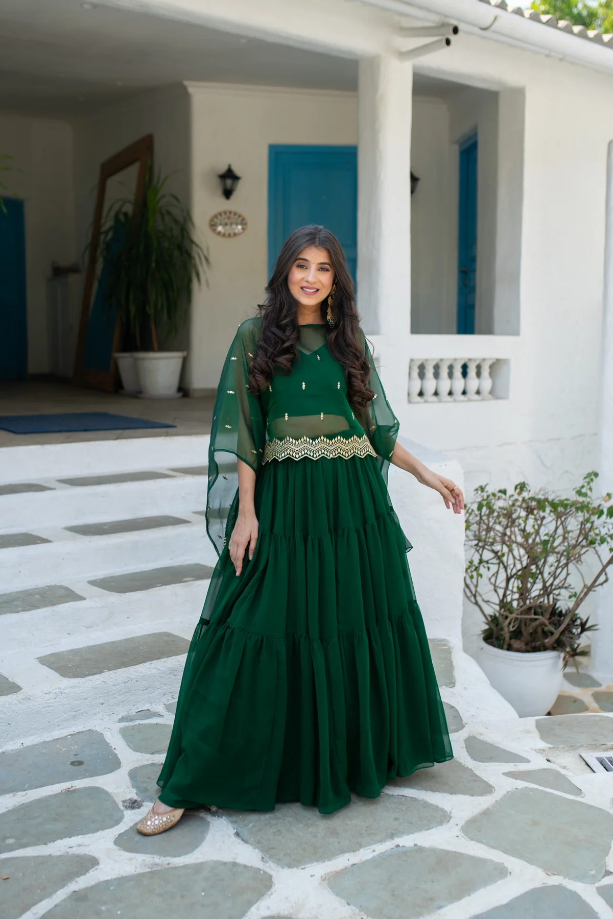 Bottle Green Cape Lehenga Choli - Image 4