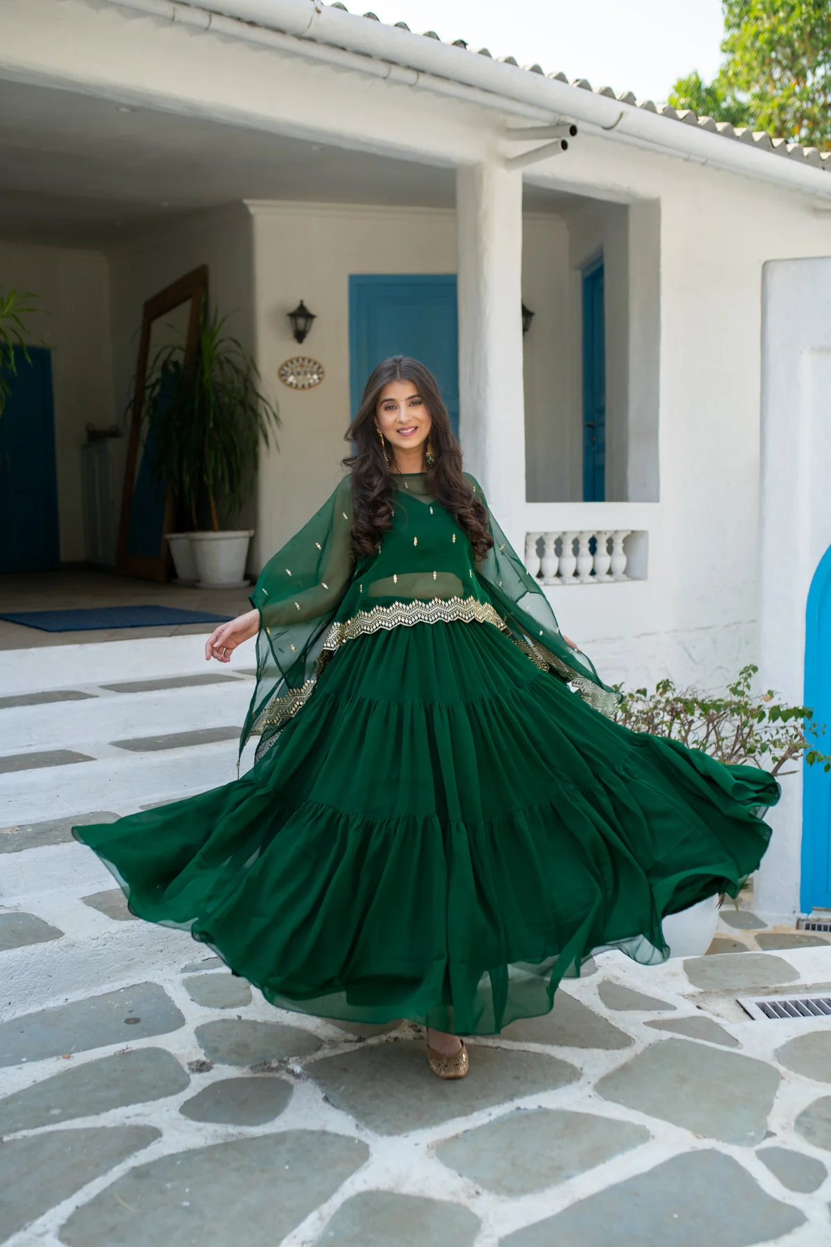 Bottle Green Cape Lehenga Choli - Image 7
