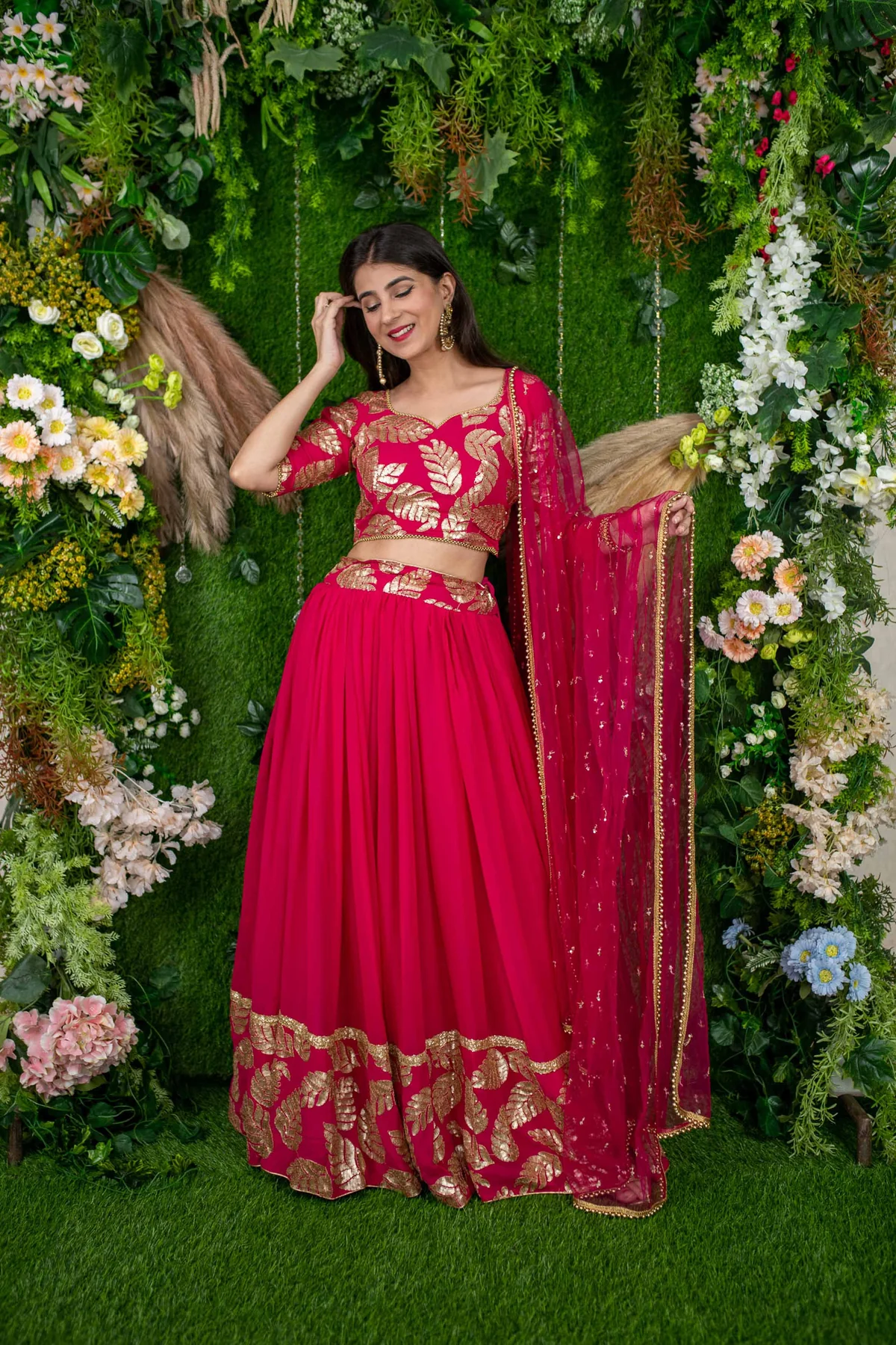 Rani Pink Leaf Daman Lehenga - Image 2