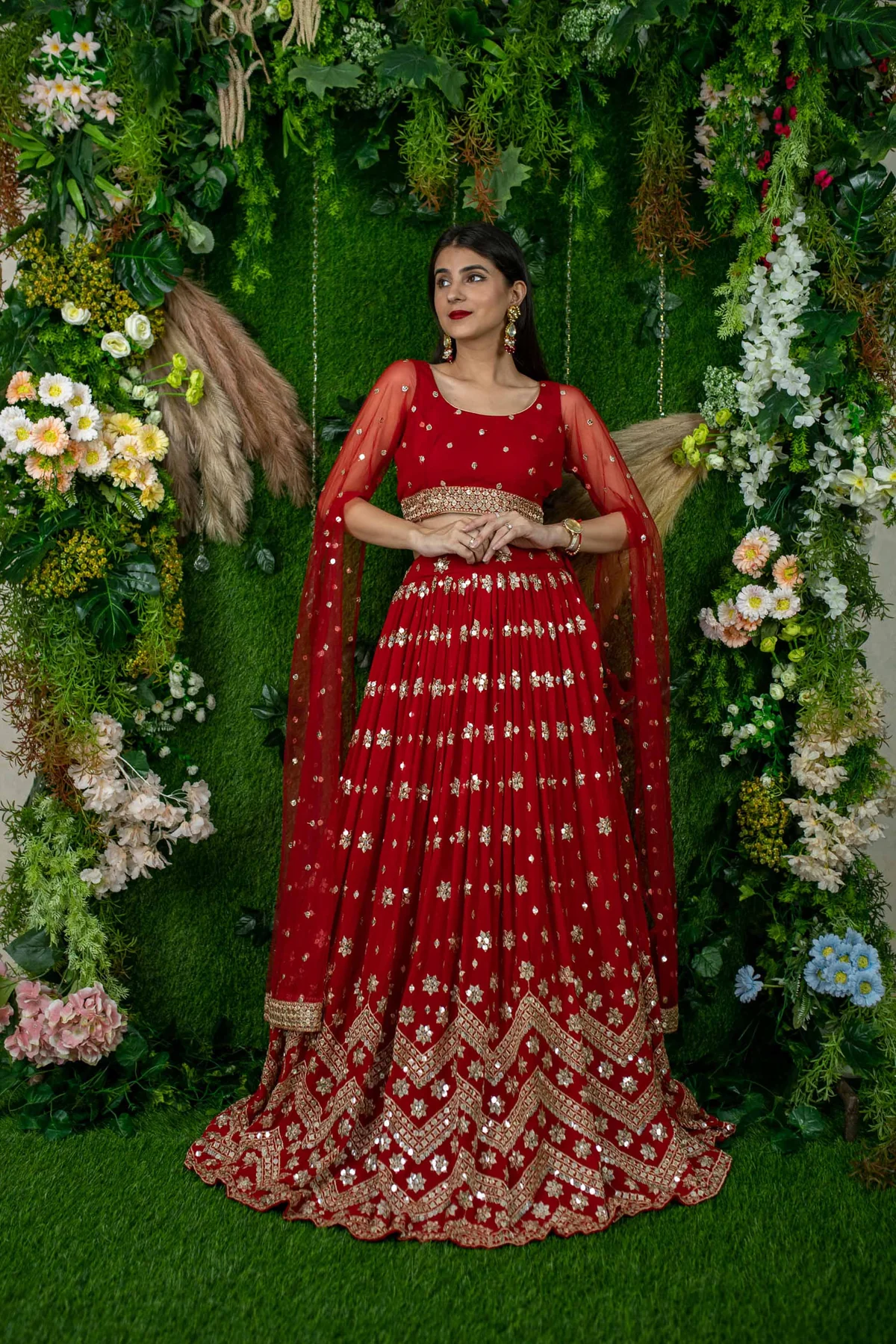 Red And Gold Lehenga Cape Sleeves - Image 2