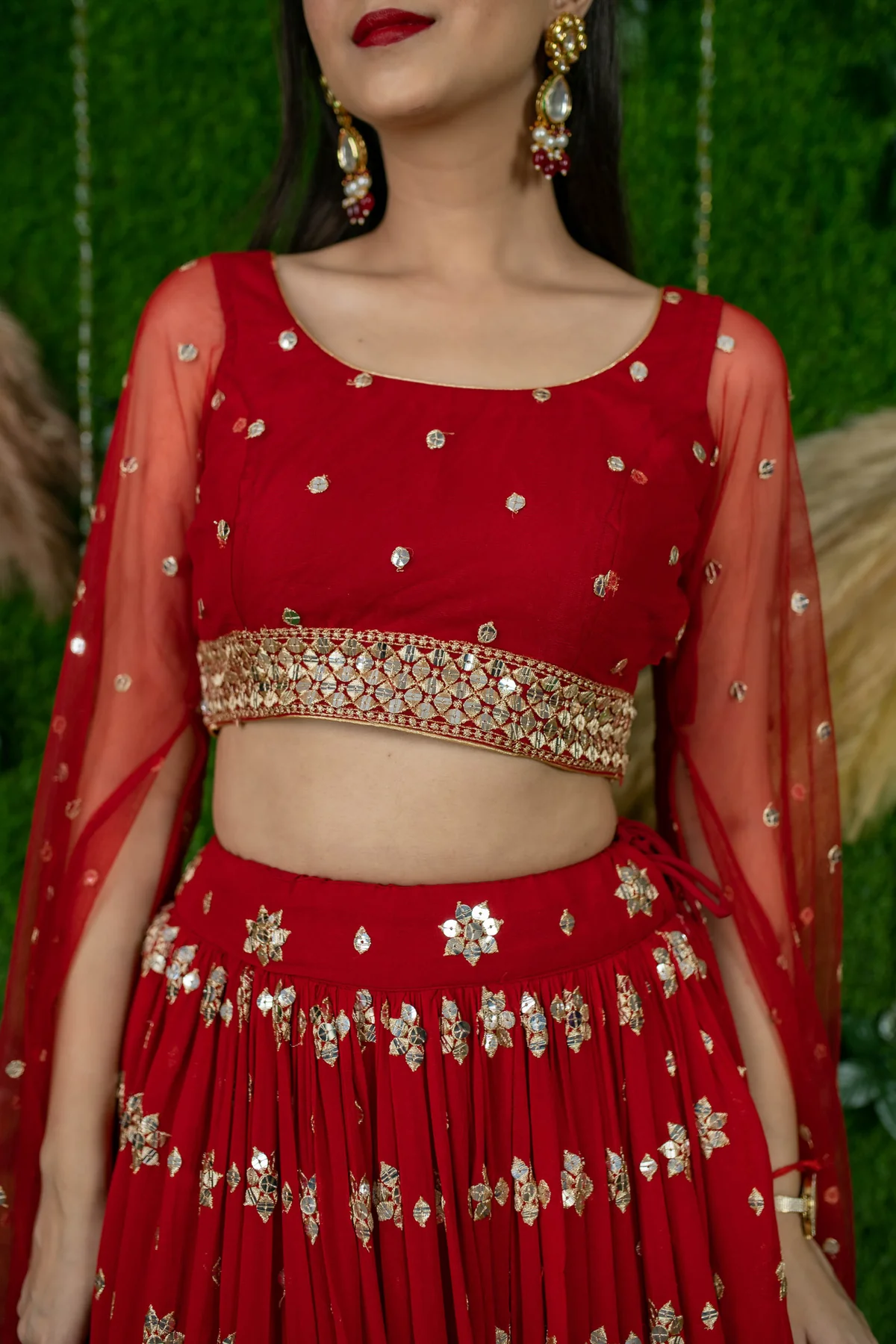Red And Gold Lehenga Cape Sleeves - Image 5