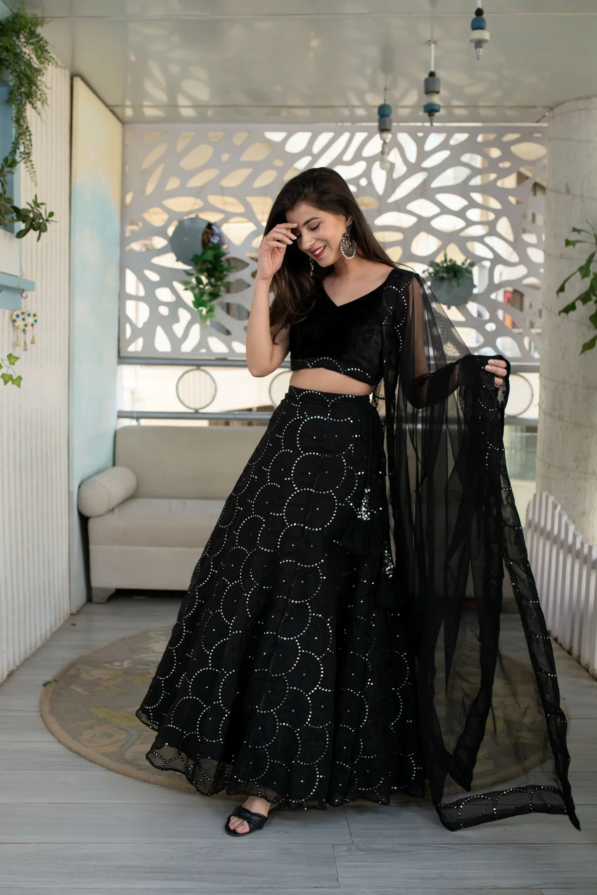 Black Organza Lehenga With Velvet Blouse - Image 6