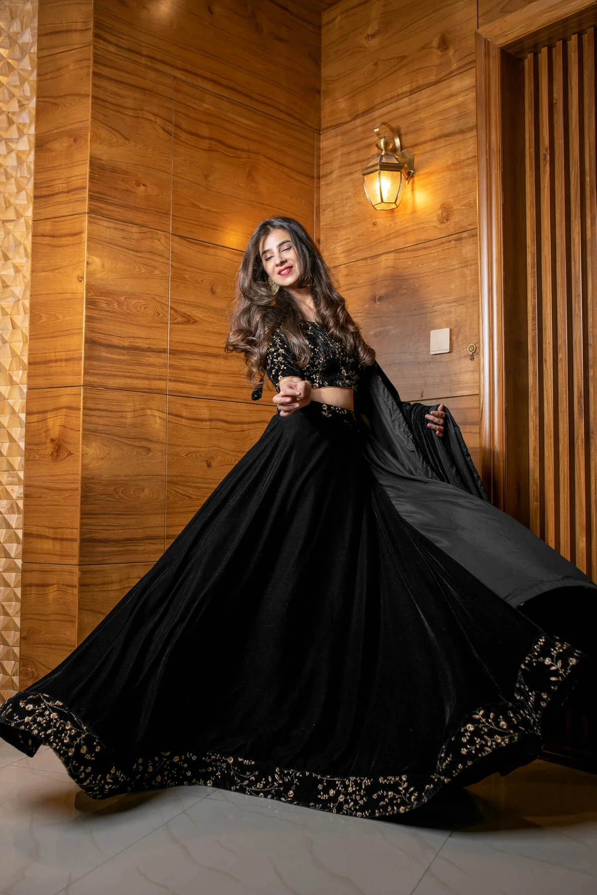 Black Sequin and Zari Work Velvet Lehenga - Image 5