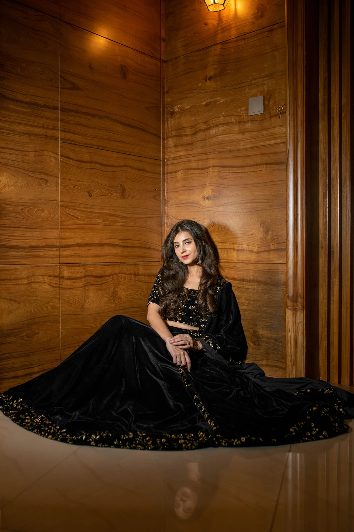 Black Sequin and Zari Work Velvet Lehenga - Image 8