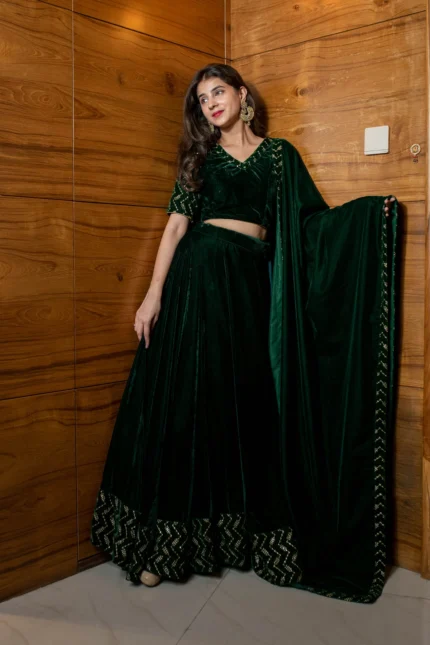 Bottle Green Sequin And Zari Work Velvet Lehenga
