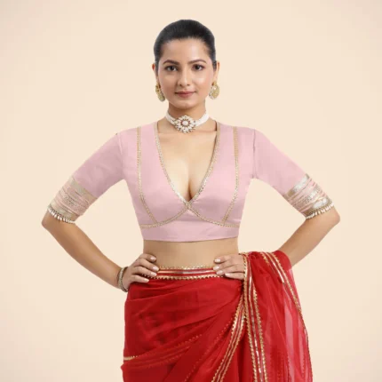Elbow Sleeves Baby Pink FlexiFi Gota Embellished Saree Blouse with Plunging V-Neck