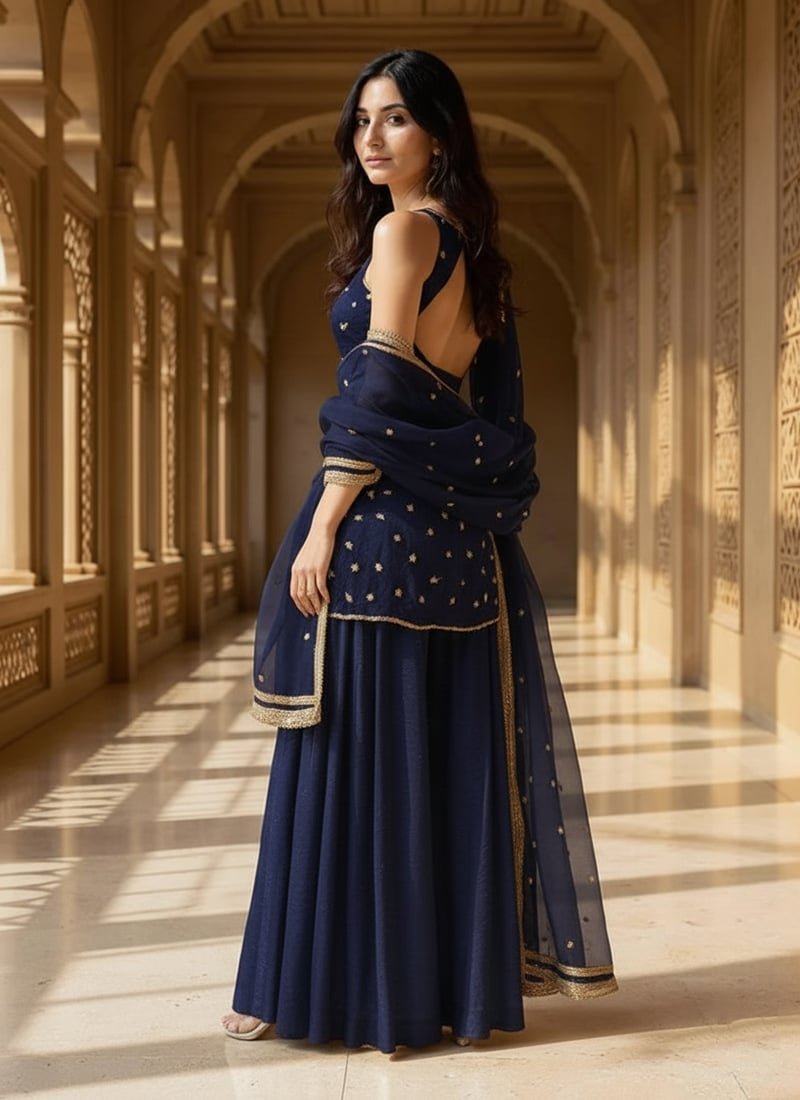 Blue Organza Sequins Moti Hand Embroidered Palazzo Suit Festive Wear - Image 2