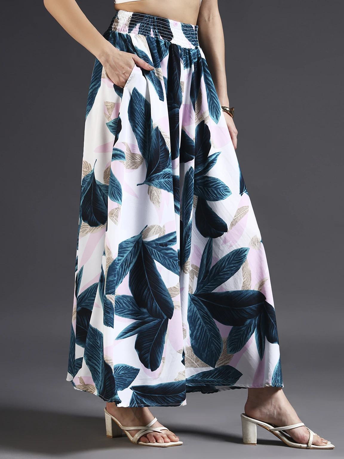 Women Flared White, Green Viscose Rayon Palazzos - Image 2