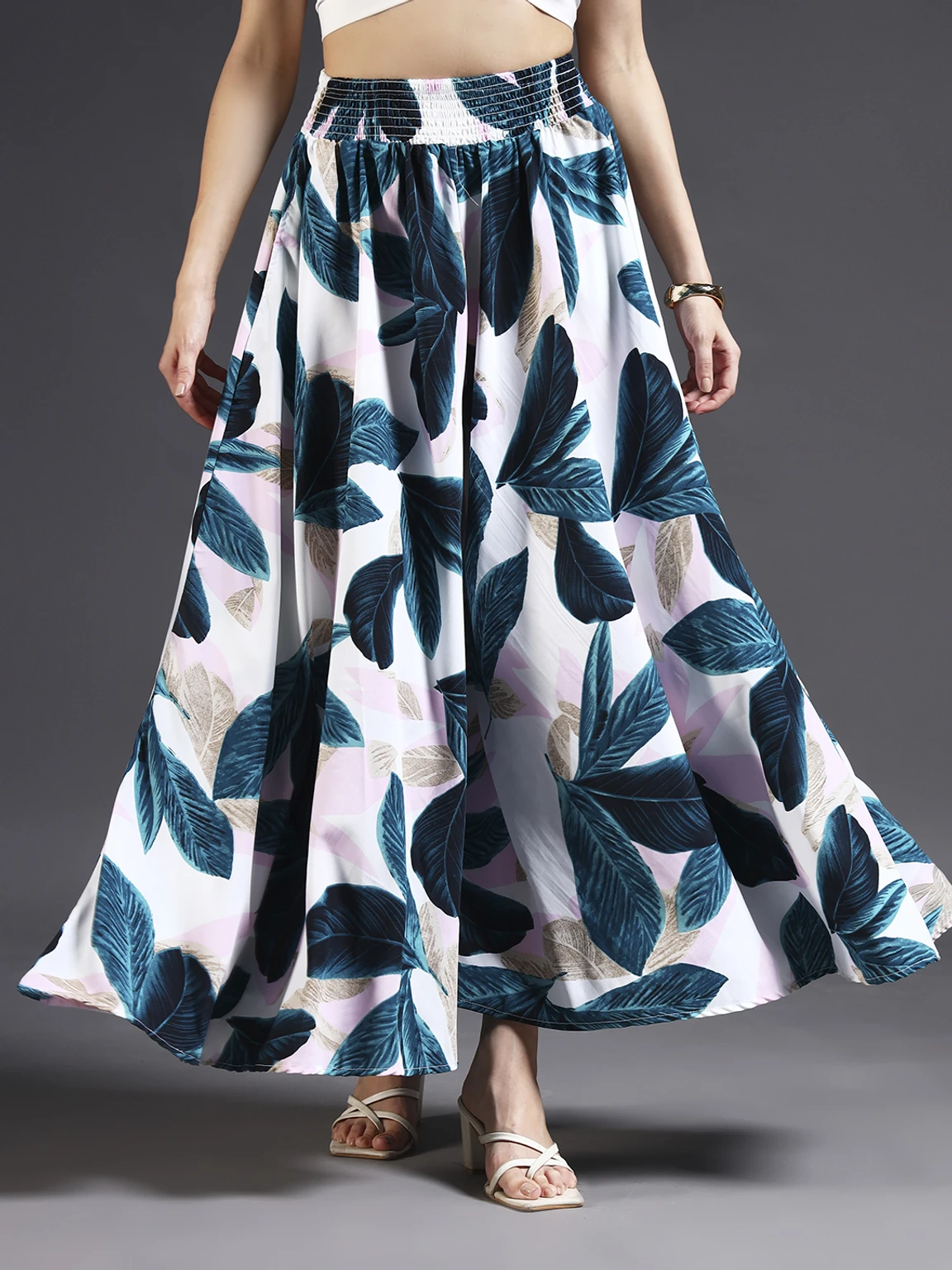 Women Flared White, Green Viscose Rayon Palazzos - Image 3