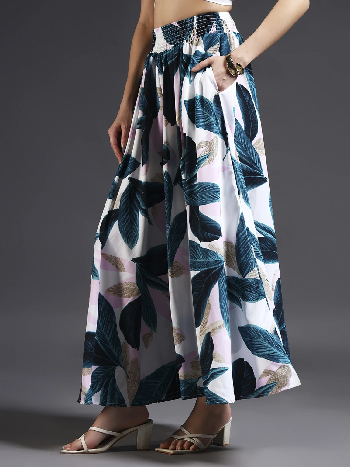 Women Flared White, Green Viscose Rayon Palazzos - Image 4