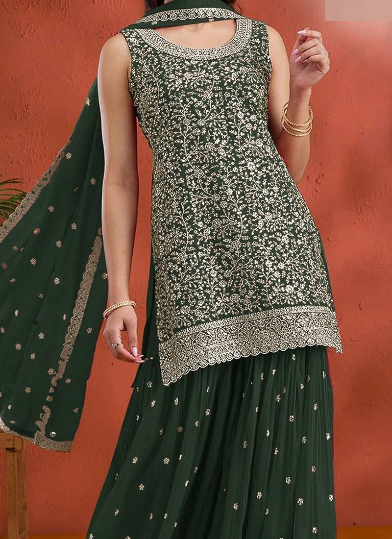 Green Georgette Embroidered Sequin Palazzo Set Festive Wear - Image 3