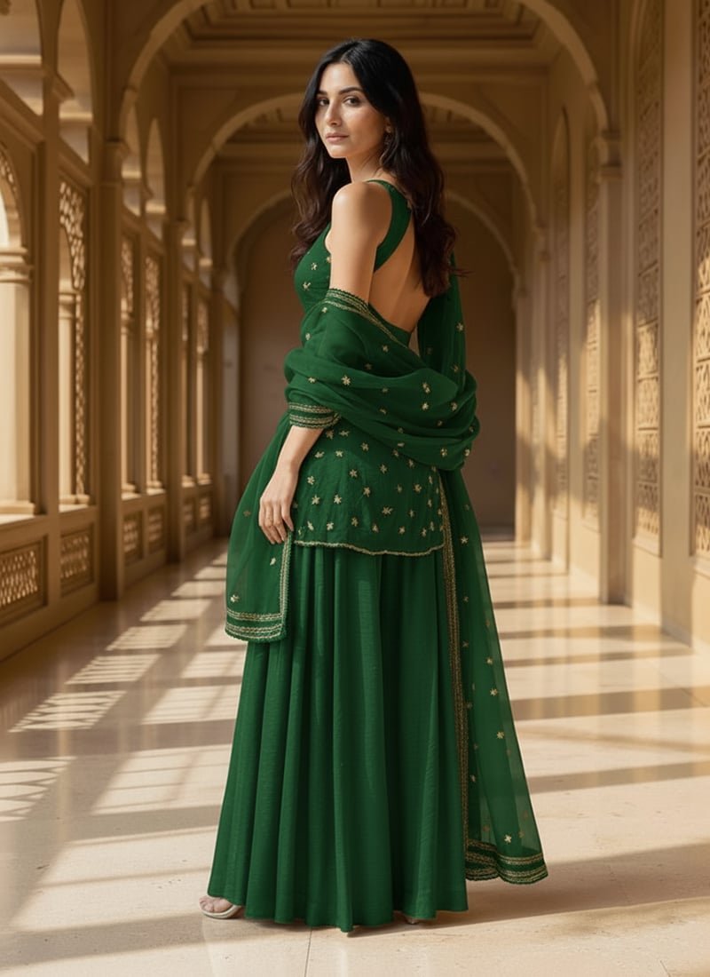 Green Organza Sequins Moti Hand Embroidered Palazzo Suit Festive Wear - Image 2