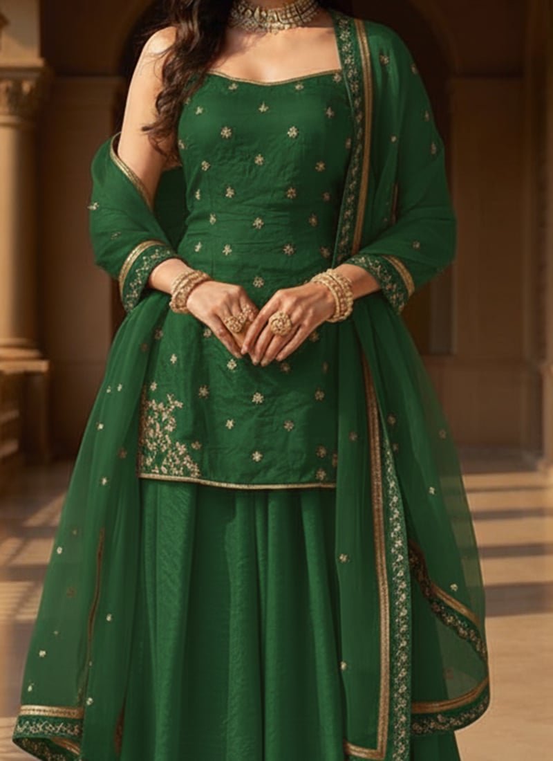Green Organza Sequins Moti Hand Embroidered Palazzo Suit Festive Wear - Image 3