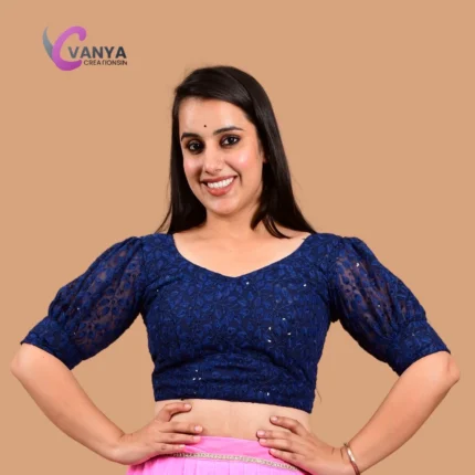 Chikankari embroidery Round-Neck Sleeves Cotton Saree Blouse - Non-Padded