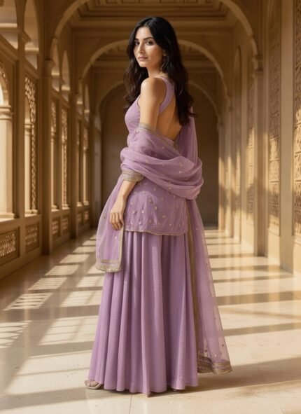 Lavender Organza Sequins Moti Hand Embroidered Palazzo Suit Festive Wear