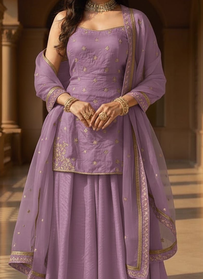 Lavender Organza Sequins Moti Hand Embroidered Palazzo Suit Festive Wear - Image 3