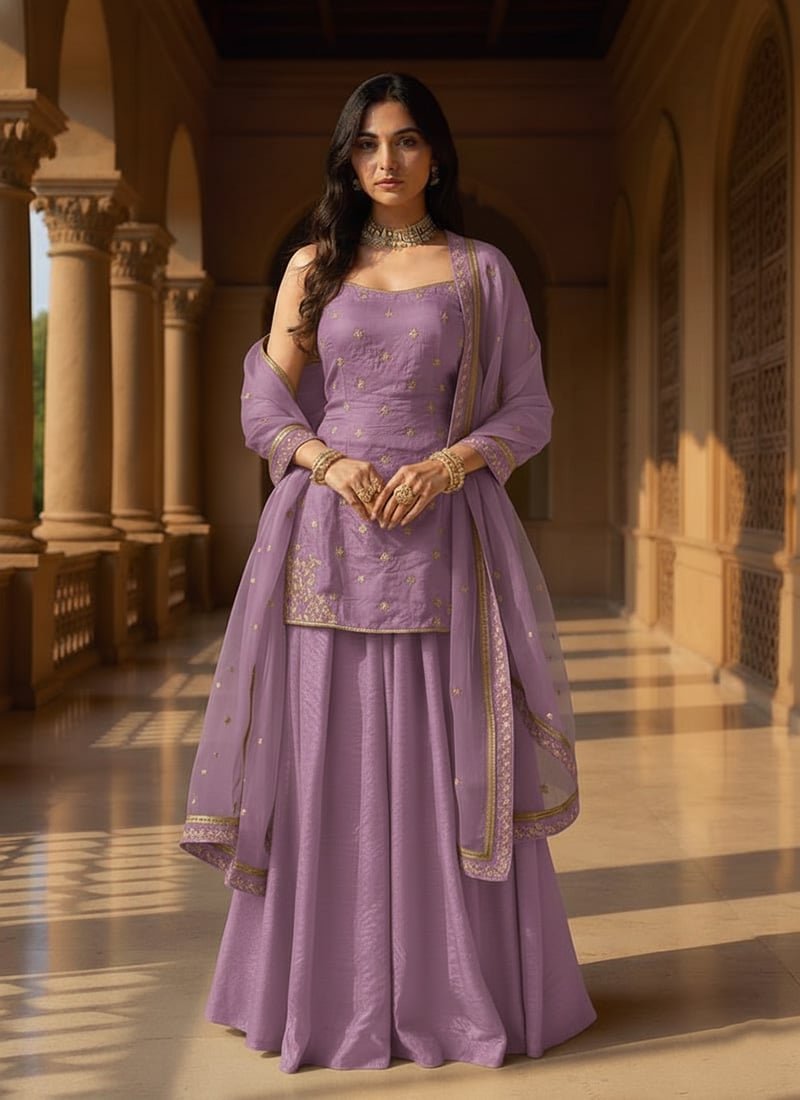 Lavender Organza Sequins Moti Hand Embroidered Palazzo Suit Festive Wear - Image 4