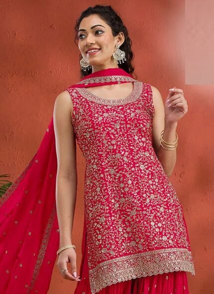 Red Georgette Embroidered Sequin Palazzo Set Festive Wear