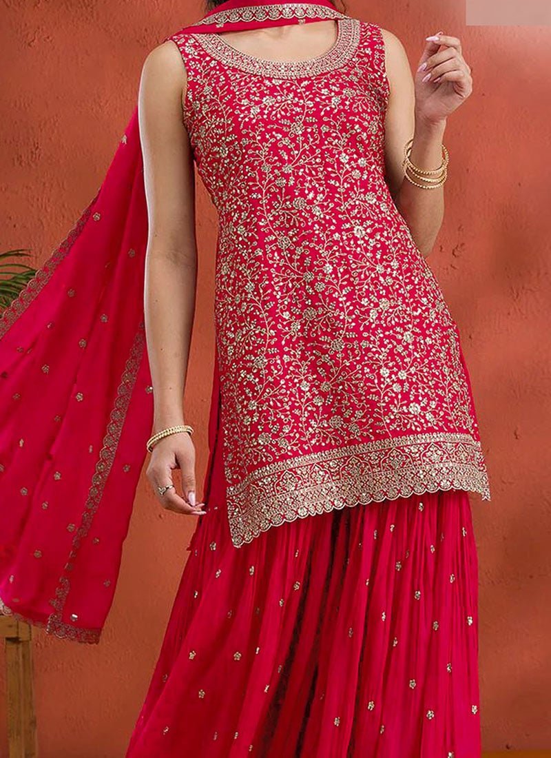 Red Georgette Embroidered Sequin Palazzo Set Festive Wear - Image 9