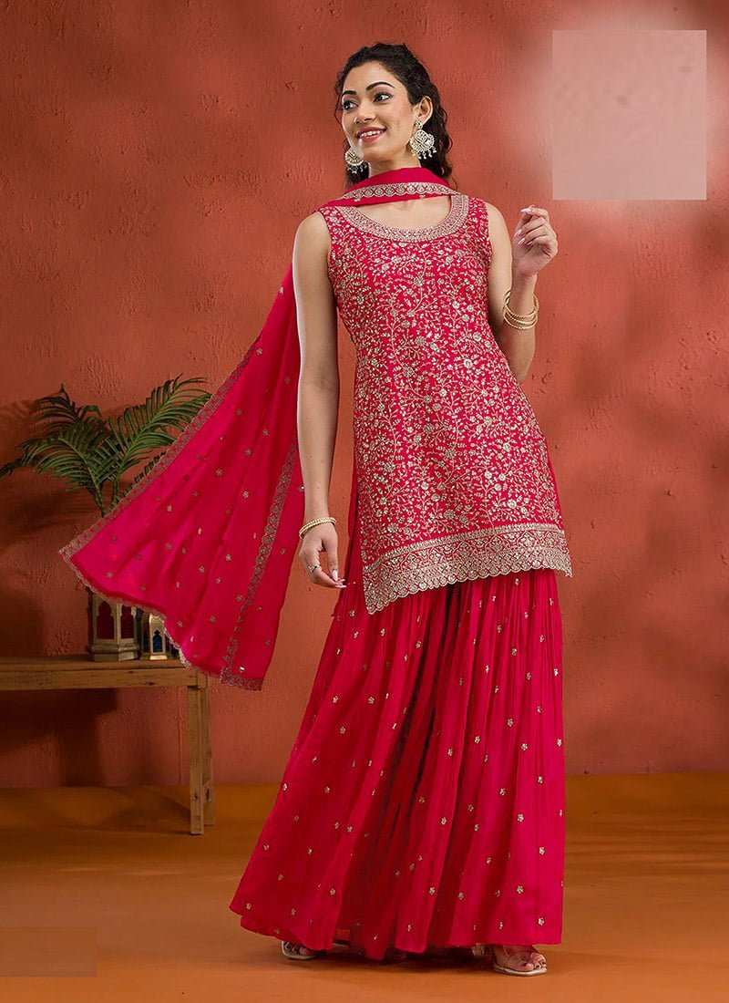 Red Georgette Embroidered Sequin Palazzo Set Festive Wear - Image 10