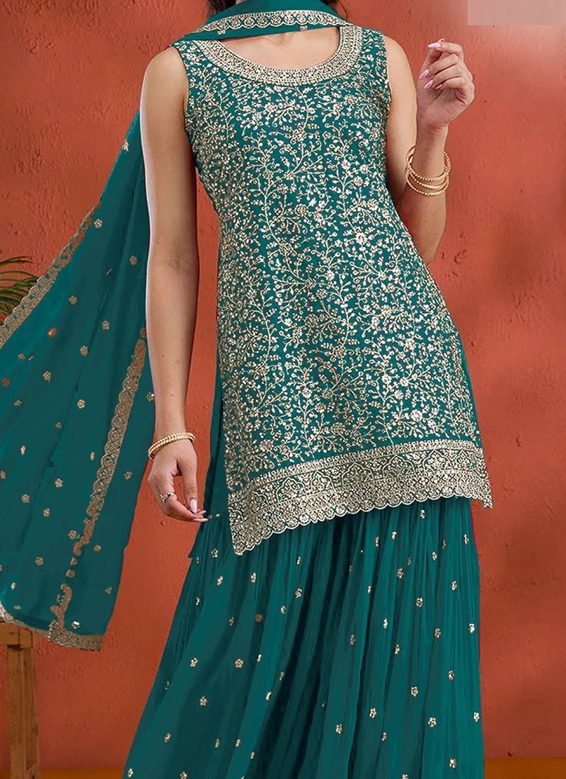 Teal Georgette Embroidered Sequin Palazzo Set Festive Wear - Image 3