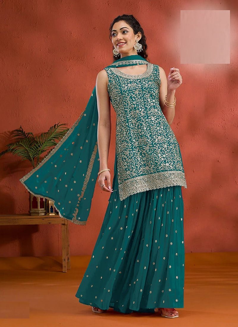 Teal Georgette Embroidered Sequin Palazzo Set Festive Wear - Image 4